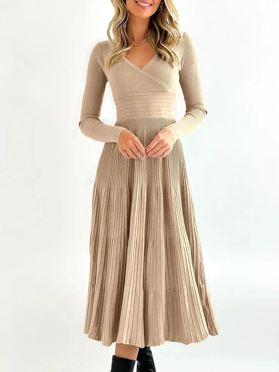Saodimallsu Womens Long Sleeve Midi Sweater Dress Wrap V Neck Pleated A Line Fit Flare Elegant Knit Maxi Dress