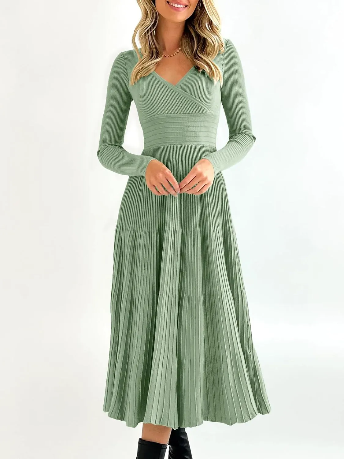 Saodimallsu Womens Long Sleeve Midi Sweater Dress Wrap V Neck Pleated A Line Fit Flare Elegant Knit Maxi Dress