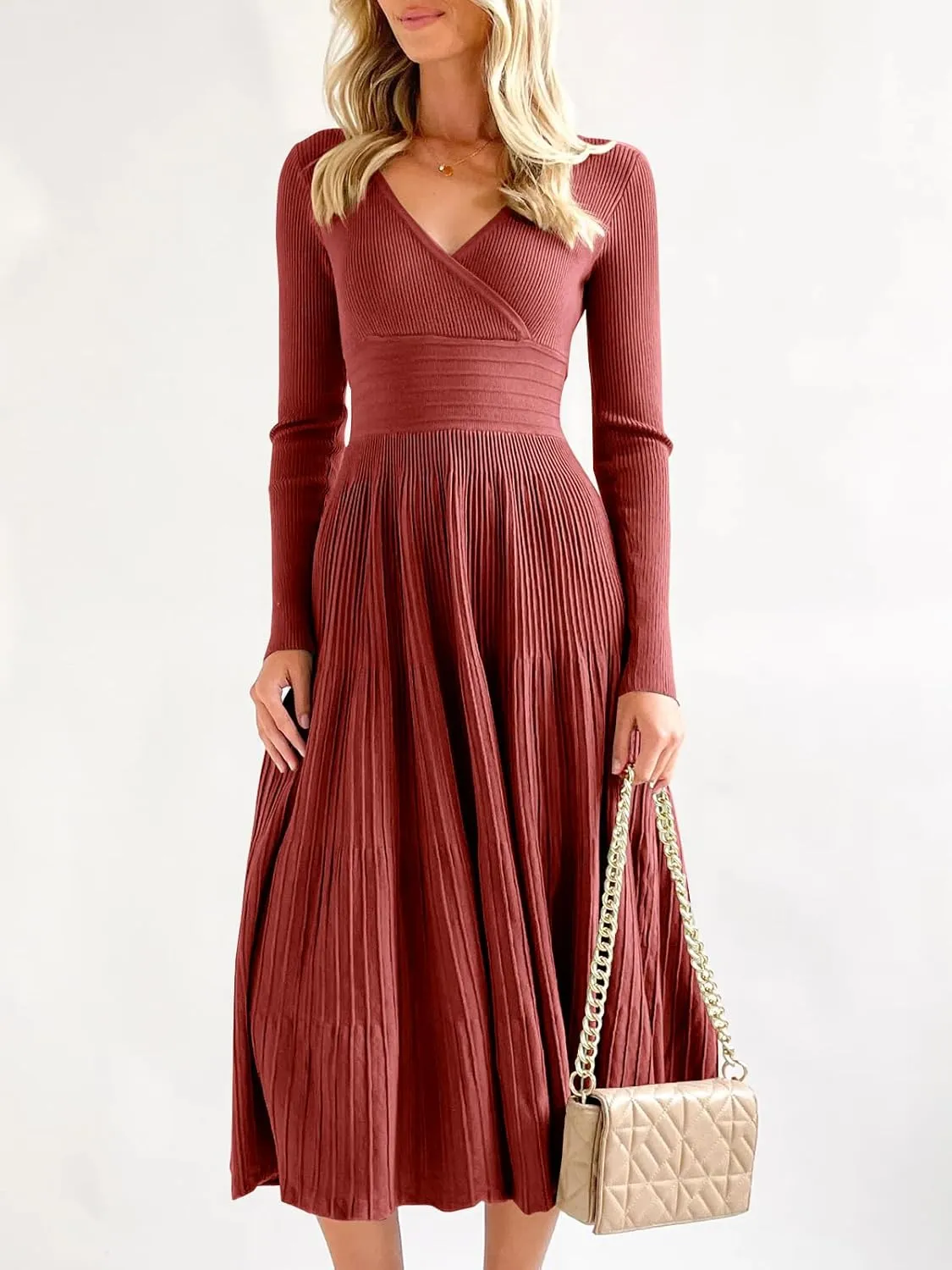 Saodimallsu Womens Long Sleeve Midi Sweater Dress Wrap V Neck Pleated A Line Fit Flare Elegant Knit Maxi Dress