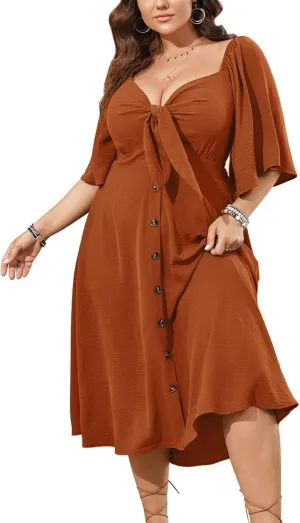 SCOMCHIC Plus Size Summer Dress Casual Short Sleeve Bow Tie Deep V Neck Smocked Button Down Midi Flowy A-line Boho Dresses