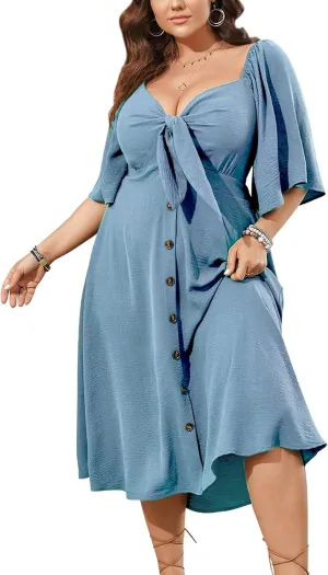SCOMCHIC Plus Size Summer Dress Casual Short Sleeve Bow Tie Deep V Neck Smocked Button Down Midi Flowy A-line Boho Dresses