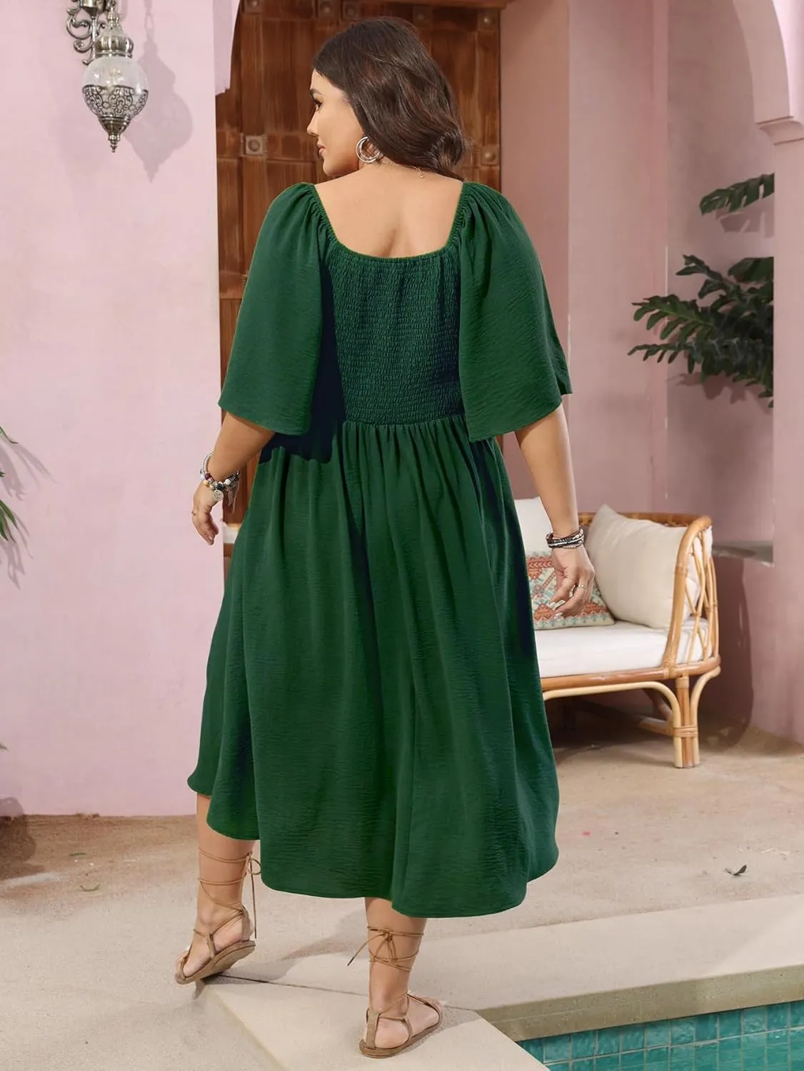 SCOMCHIC Plus Size Summer Dress Casual Short Sleeve Bow Tie Deep V Neck Smocked Button Down Midi Flowy A-line Boho Dresses