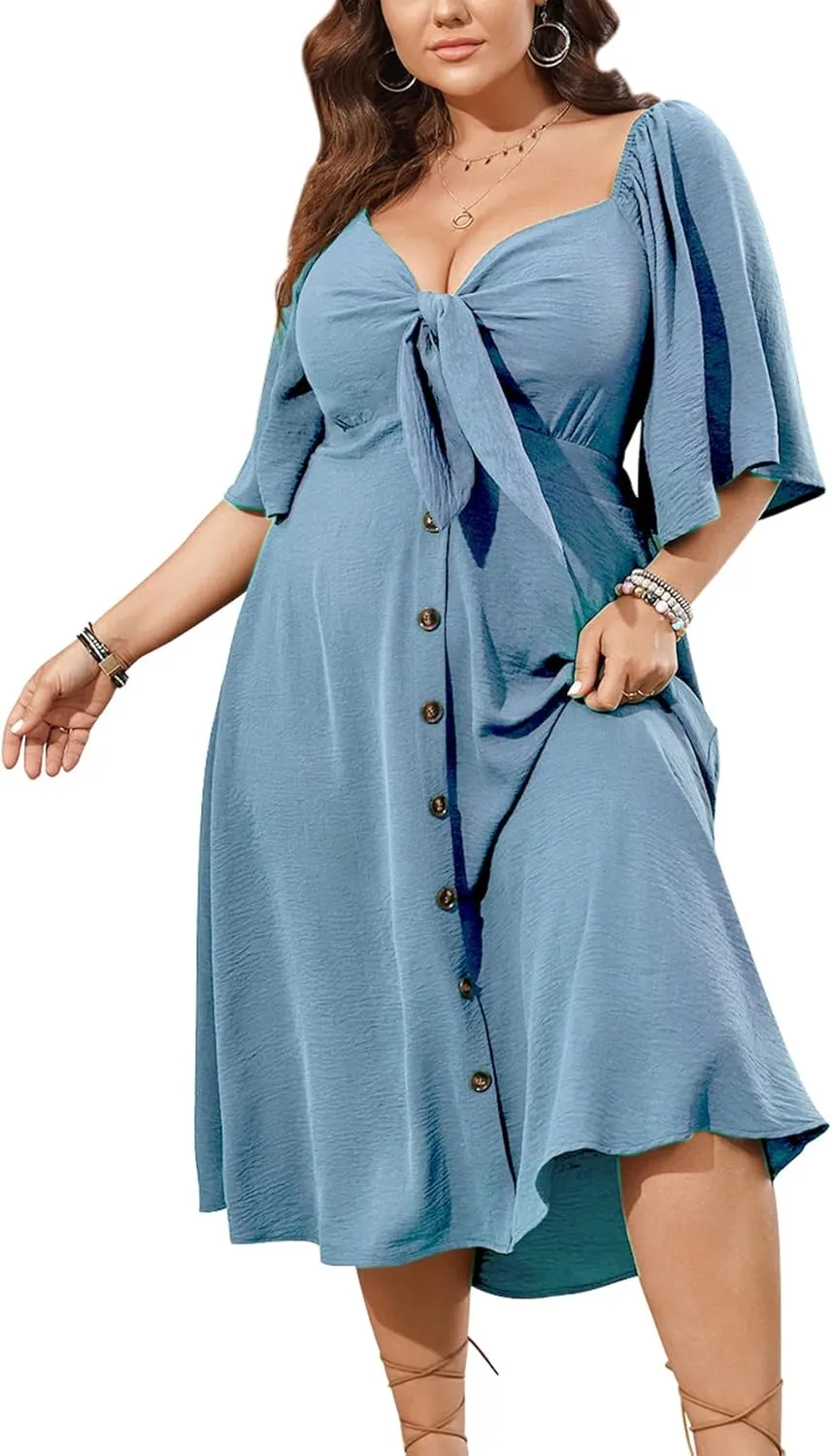 SCOMCHIC Plus Size Summer Dress Casual Short Sleeve Bow Tie Deep V Neck Smocked Button Down Midi Flowy A-line Boho Dresses