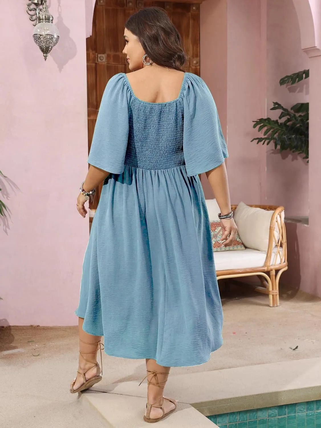 SCOMCHIC Plus Size Summer Dress Casual Short Sleeve Bow Tie Deep V Neck Smocked Button Down Midi Flowy A-line Boho Dresses