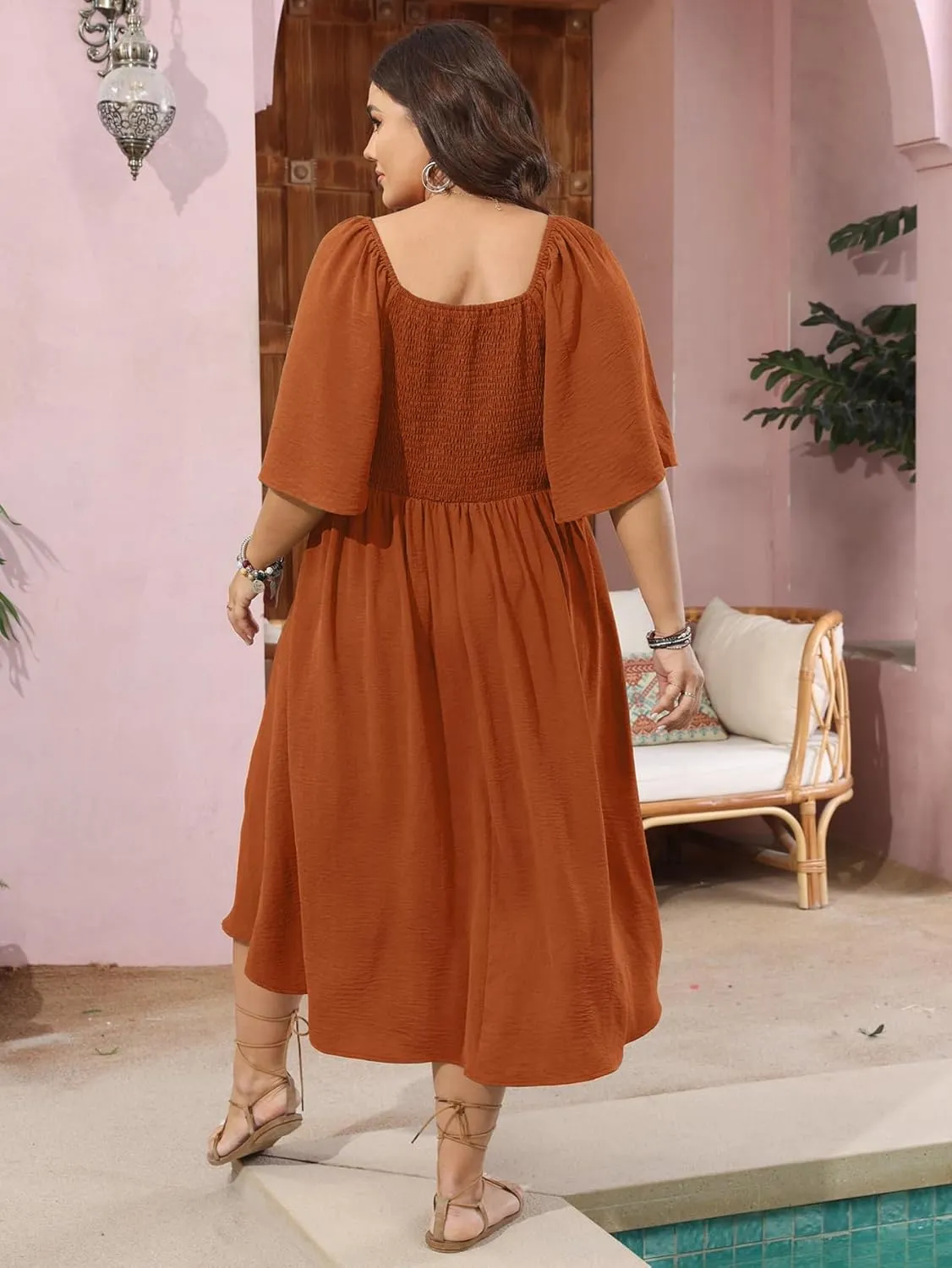 SCOMCHIC Plus Size Summer Dress Casual Short Sleeve Bow Tie Deep V Neck Smocked Button Down Midi Flowy A-line Boho Dresses