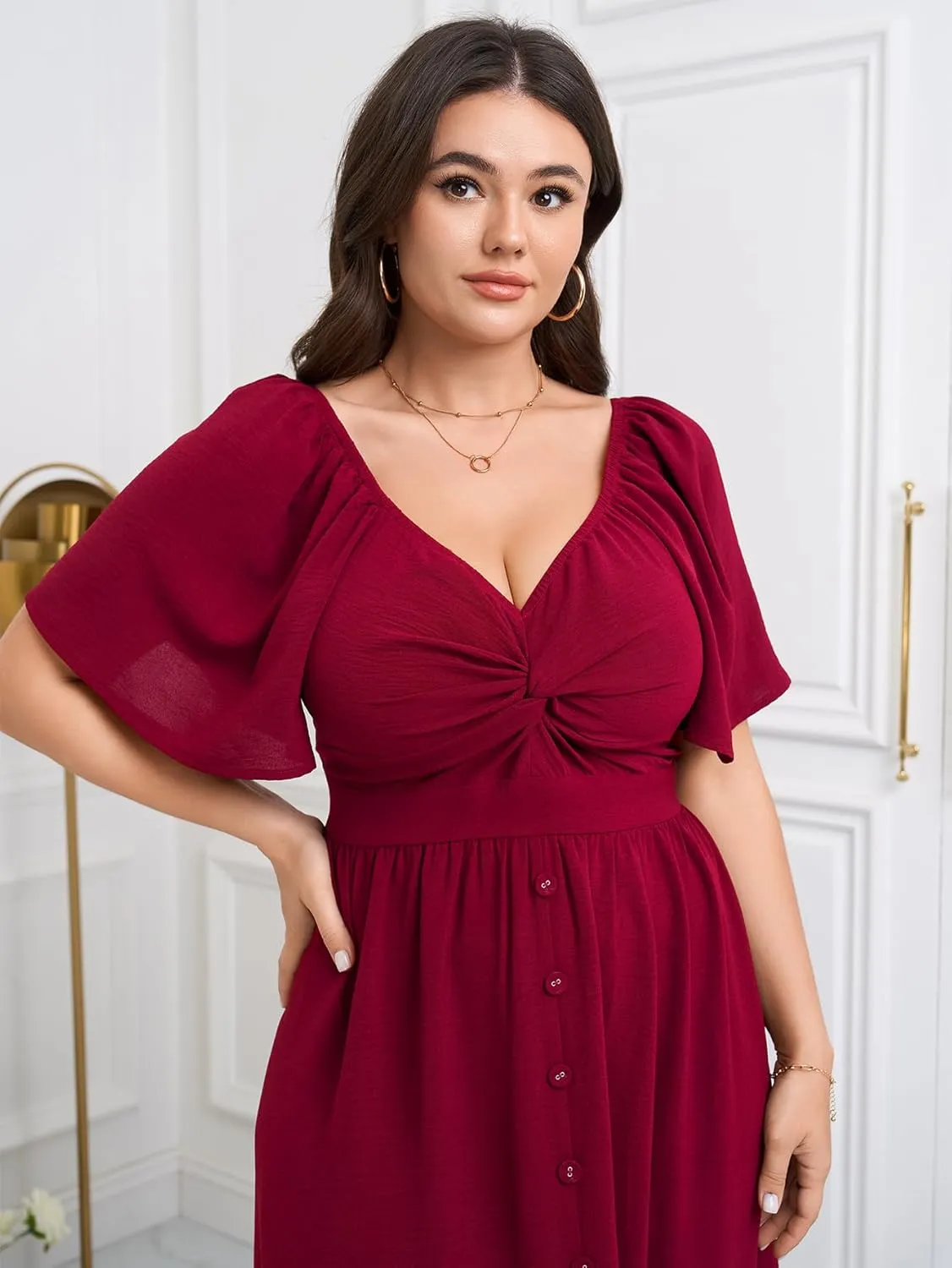 SCOMCHIC Women Plus Size Dresses Short Sleeve Sweetheart Neckline Wedding Guest Cocktail Twsit Front A Line Maxi Dress