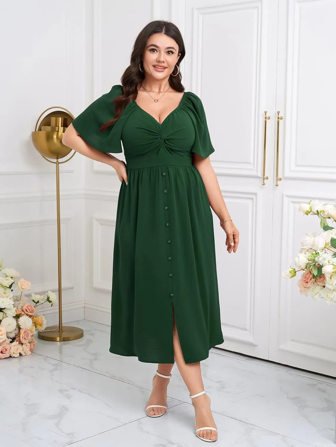 SCOMCHIC Women Plus Size Dresses Short Sleeve Sweetheart Neckline Wedding Guest Cocktail Twsit Front A Line Maxi Dress