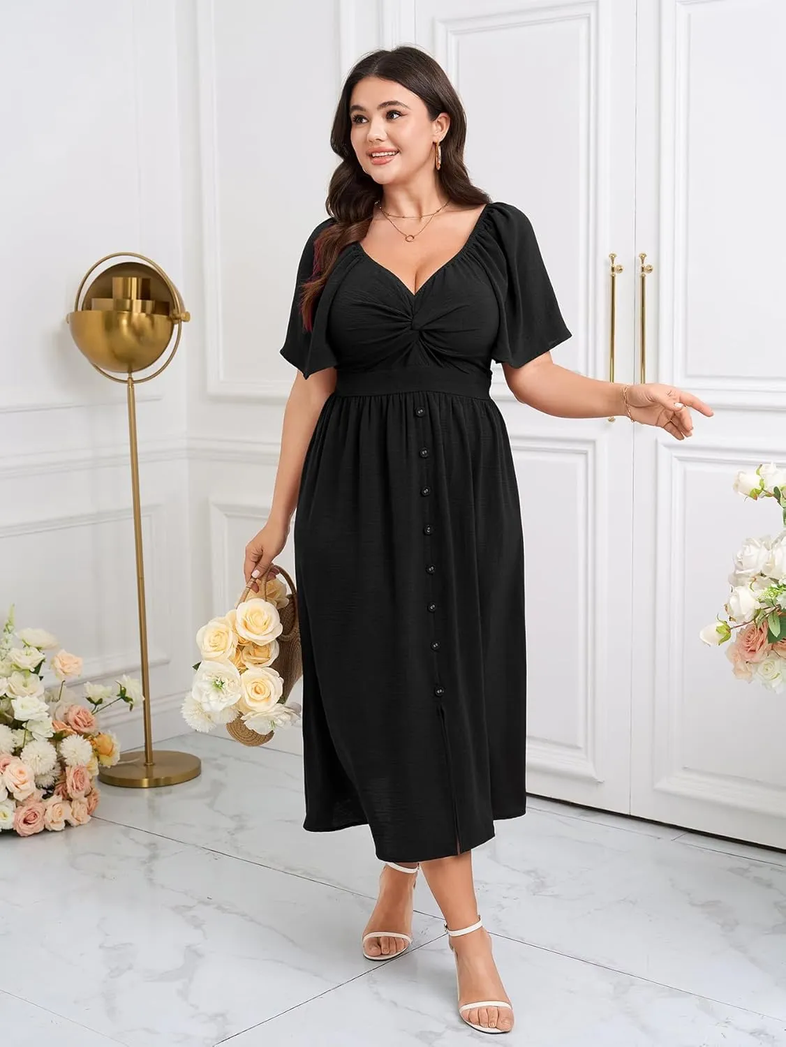 SCOMCHIC Women Plus Size Dresses Short Sleeve Sweetheart Neckline Wedding Guest Cocktail Twsit Front A Line Maxi Dress