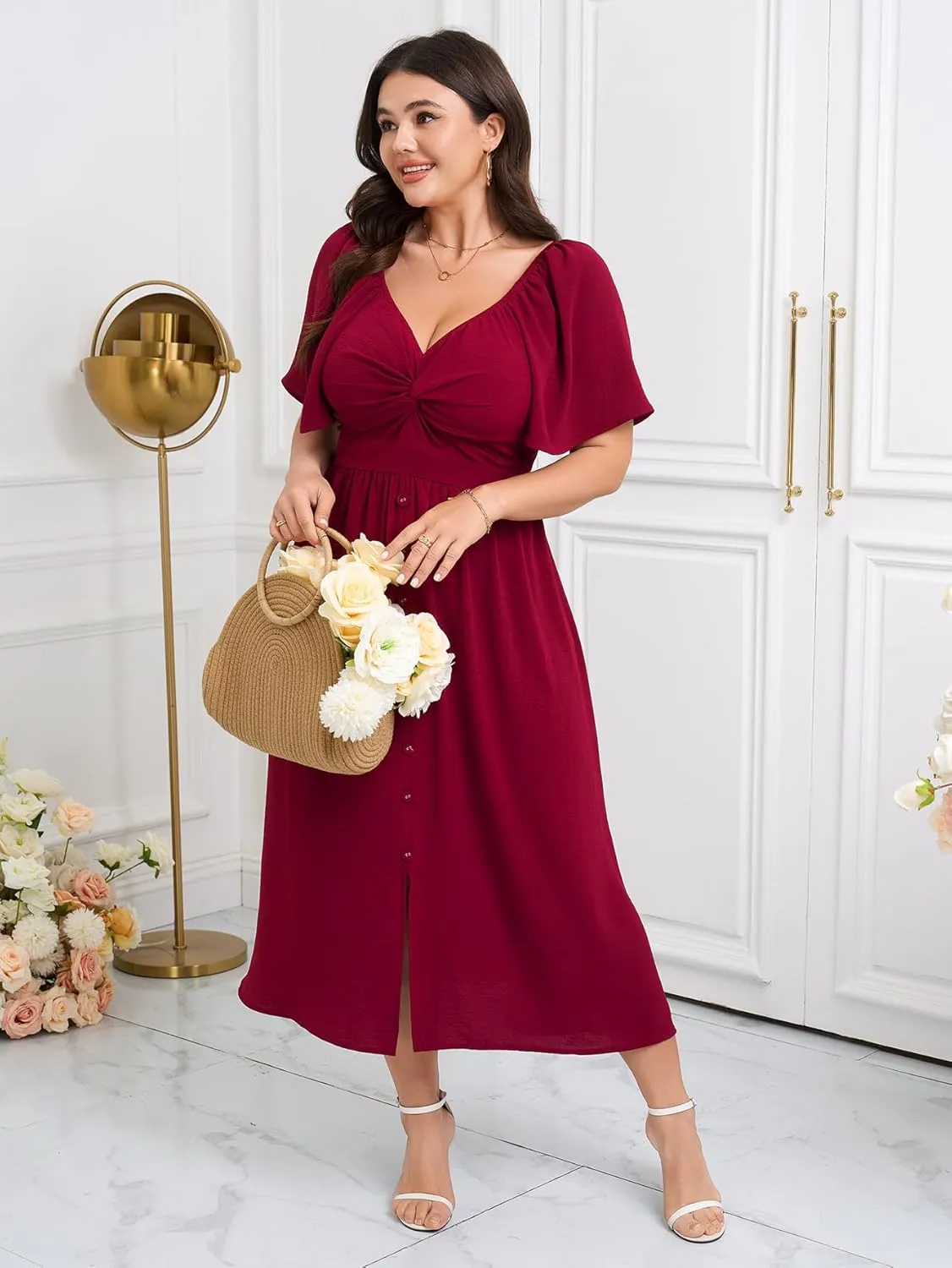 SCOMCHIC Women Plus Size Dresses Short Sleeve Sweetheart Neckline Wedding Guest Cocktail Twsit Front A Line Maxi Dress