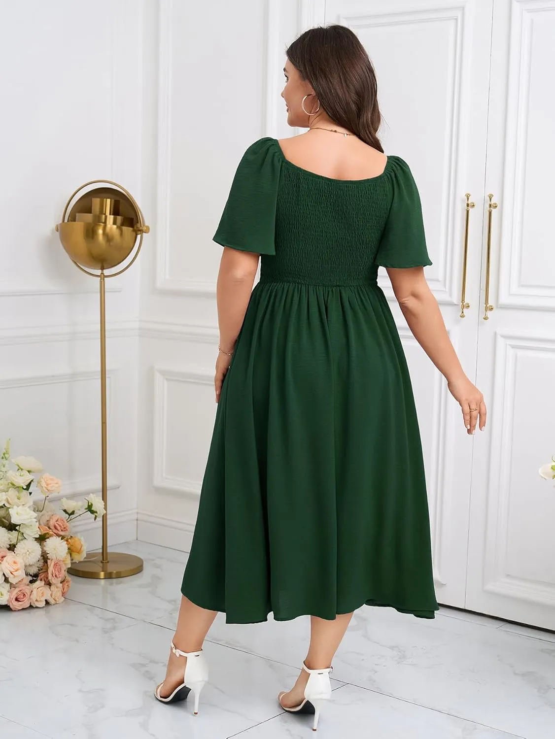 SCOMCHIC Women Plus Size Dresses Short Sleeve Sweetheart Neckline Wedding Guest Cocktail Twsit Front A Line Maxi Dress