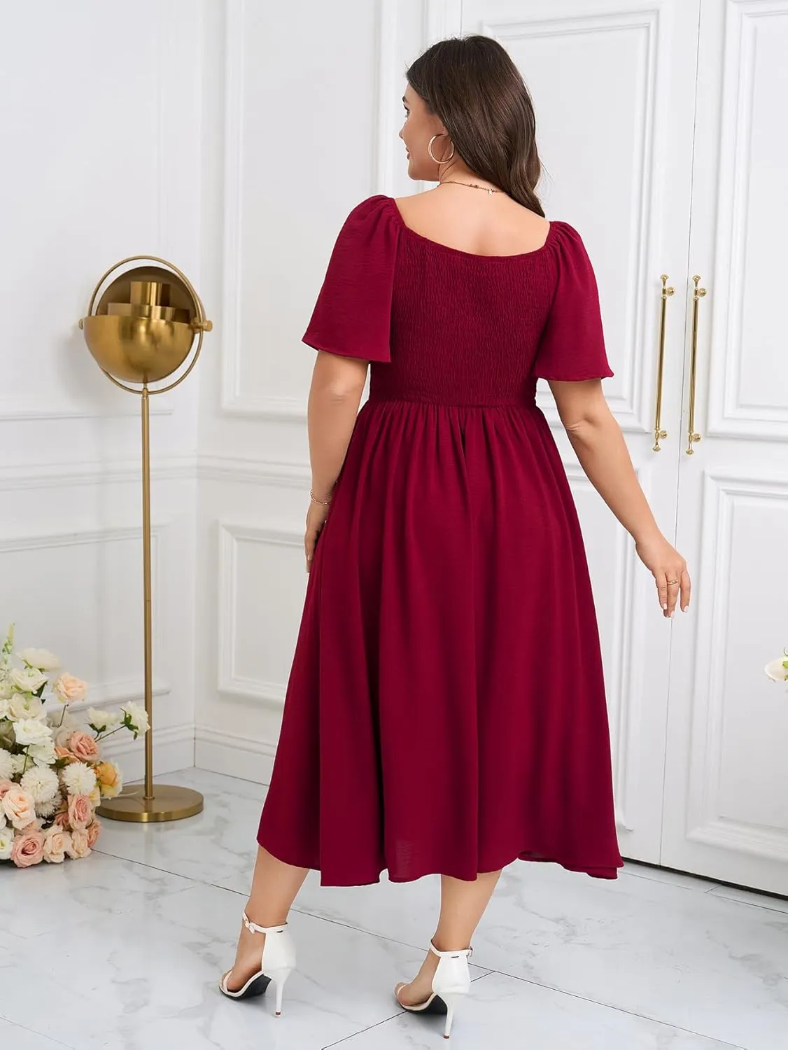 SCOMCHIC Women Plus Size Dresses Short Sleeve Sweetheart Neckline Wedding Guest Cocktail Twsit Front A Line Maxi Dress