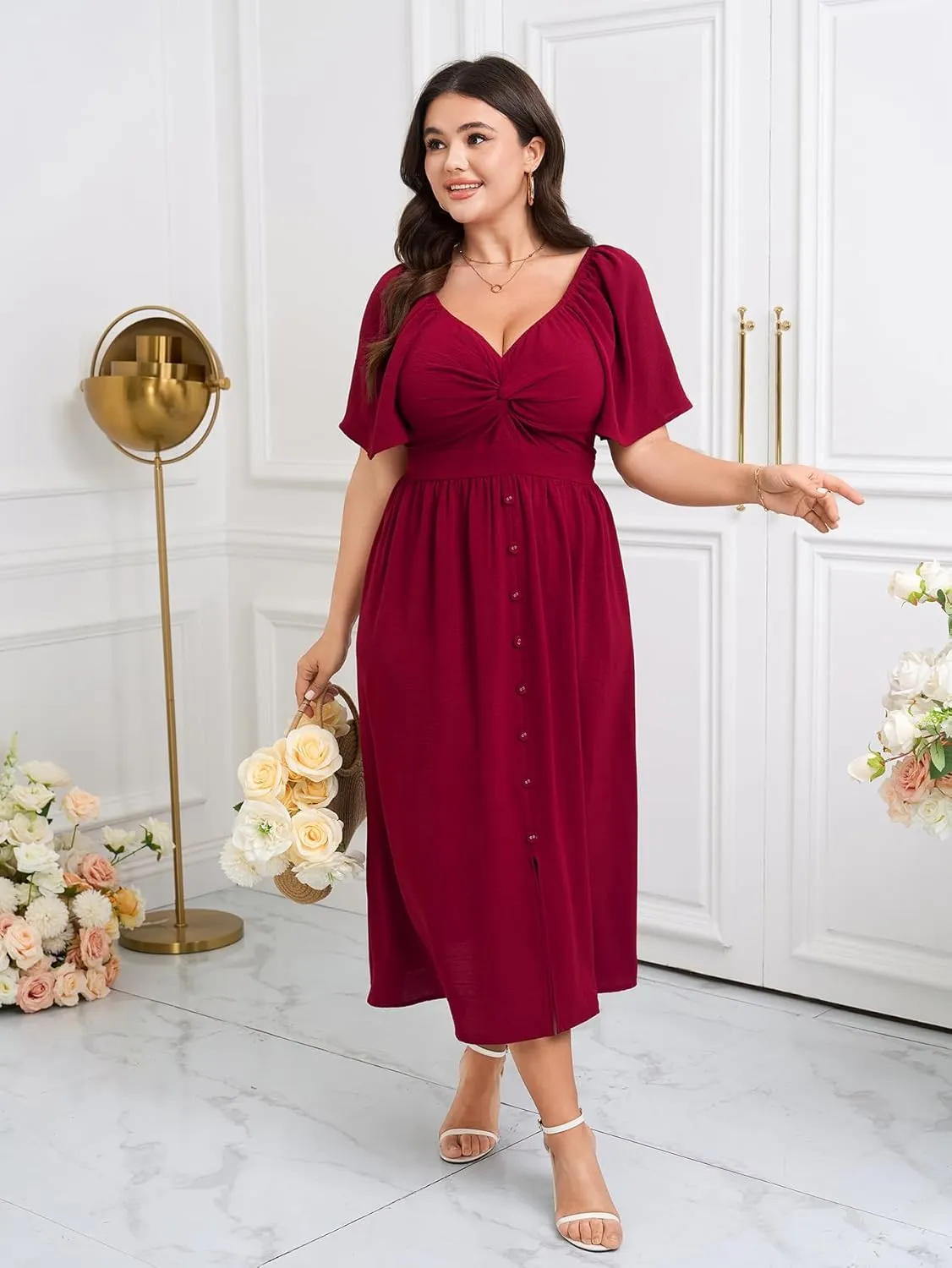 SCOMCHIC Women Plus Size Dresses Short Sleeve Sweetheart Neckline Wedding Guest Cocktail Twsit Front A Line Maxi Dress