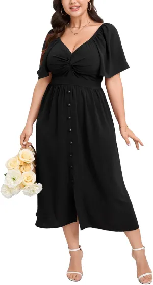SCOMCHIC Women Plus Size Dresses Short Sleeve Sweetheart Neckline Wedding Guest Cocktail Twsit Front A Line Maxi Dress