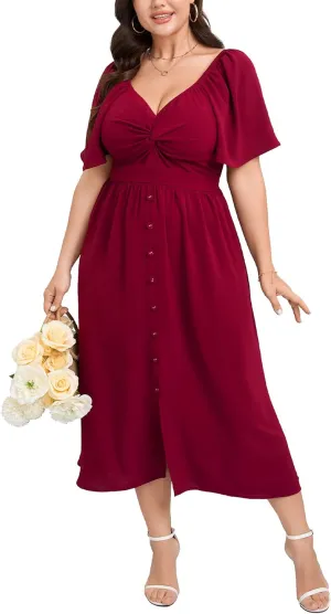 SCOMCHIC Women Plus Size Dresses Short Sleeve Sweetheart Neckline Wedding Guest Cocktail Twsit Front A Line Maxi Dress