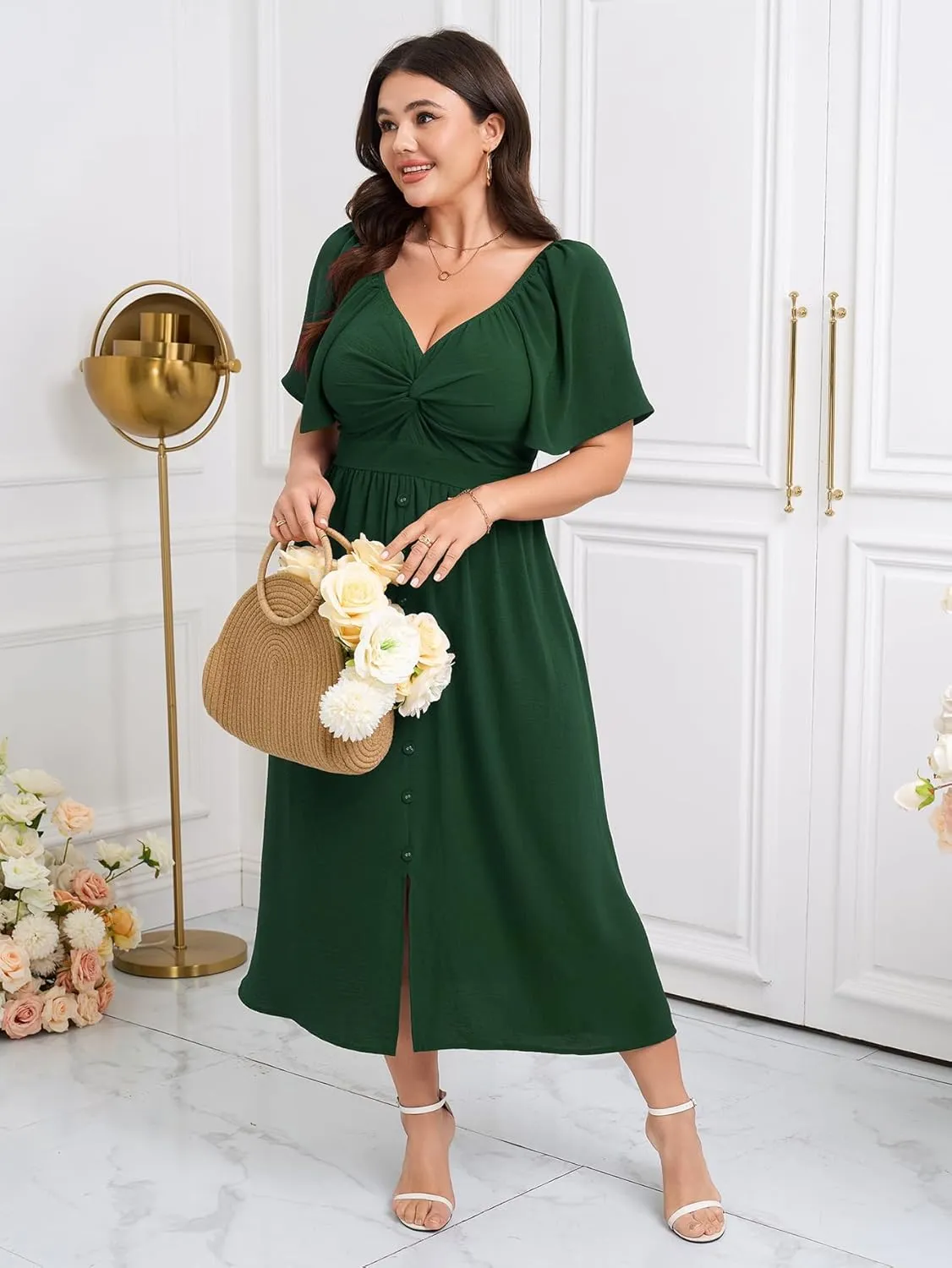 SCOMCHIC Women Plus Size Dresses Short Sleeve Sweetheart Neckline Wedding Guest Cocktail Twsit Front A Line Maxi Dress