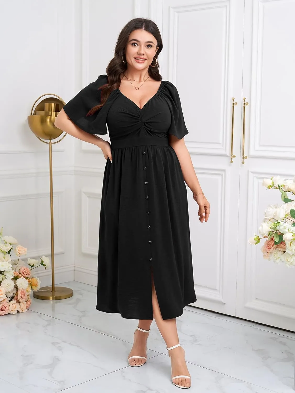 SCOMCHIC Women Plus Size Dresses Short Sleeve Sweetheart Neckline Wedding Guest Cocktail Twsit Front A Line Maxi Dress