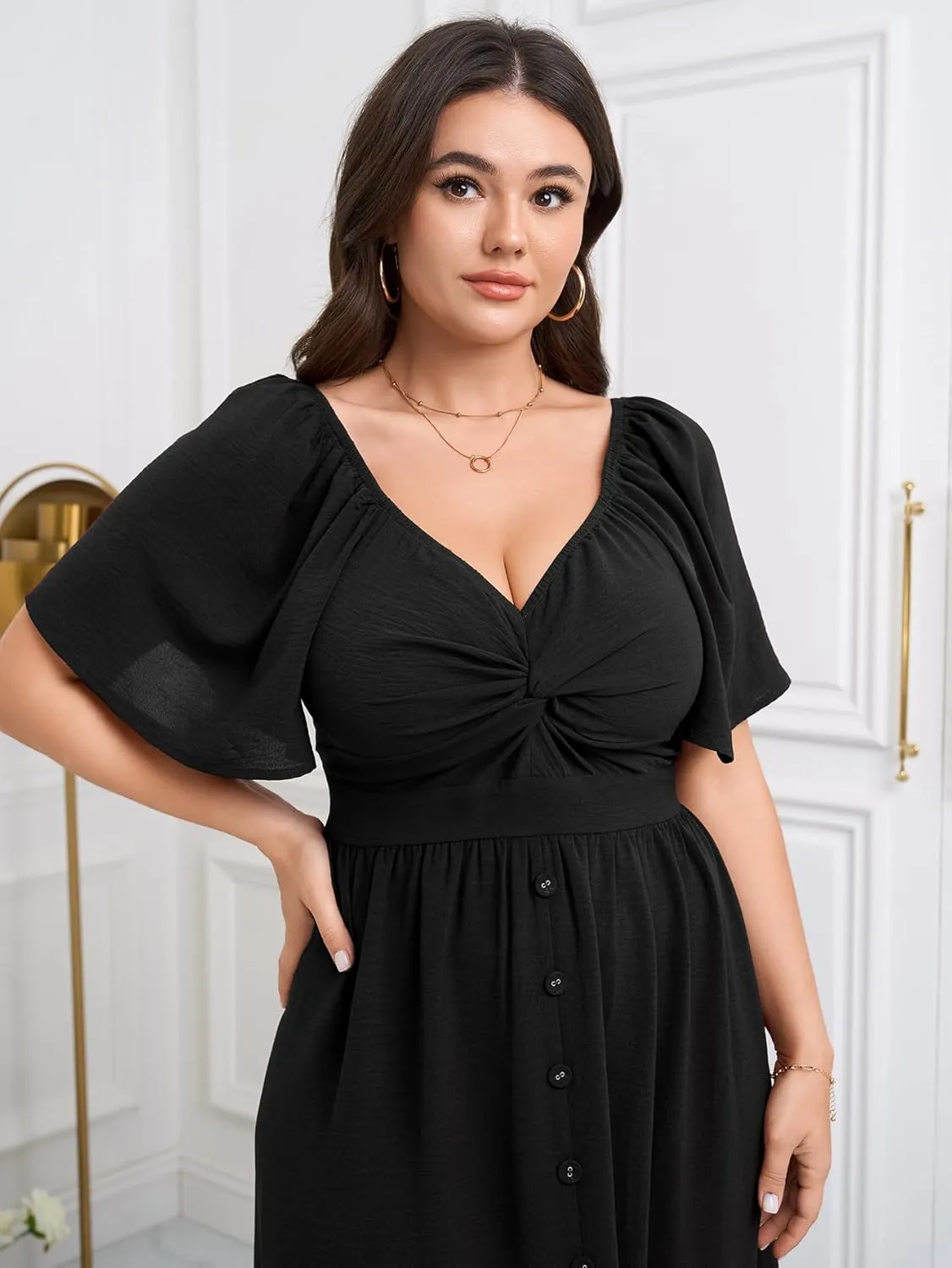 SCOMCHIC Women Plus Size Dresses Short Sleeve Sweetheart Neckline Wedding Guest Cocktail Twsit Front A Line Maxi Dress