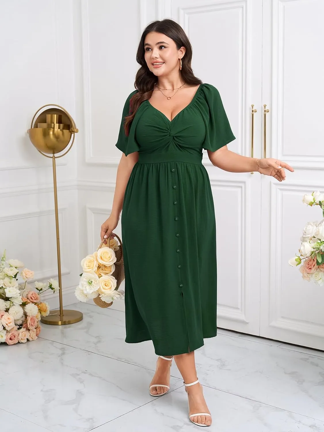 SCOMCHIC Women Plus Size Dresses Short Sleeve Sweetheart Neckline Wedding Guest Cocktail Twsit Front A Line Maxi Dress