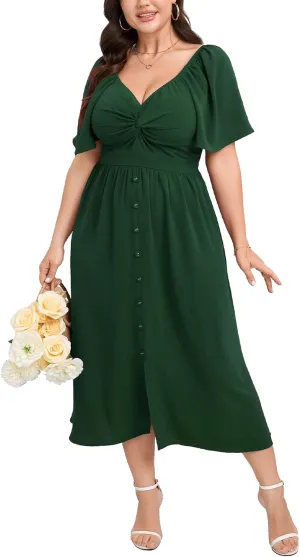 SCOMCHIC Women Plus Size Dresses Short Sleeve Sweetheart Neckline Wedding Guest Cocktail Twsit Front A Line Maxi Dress
