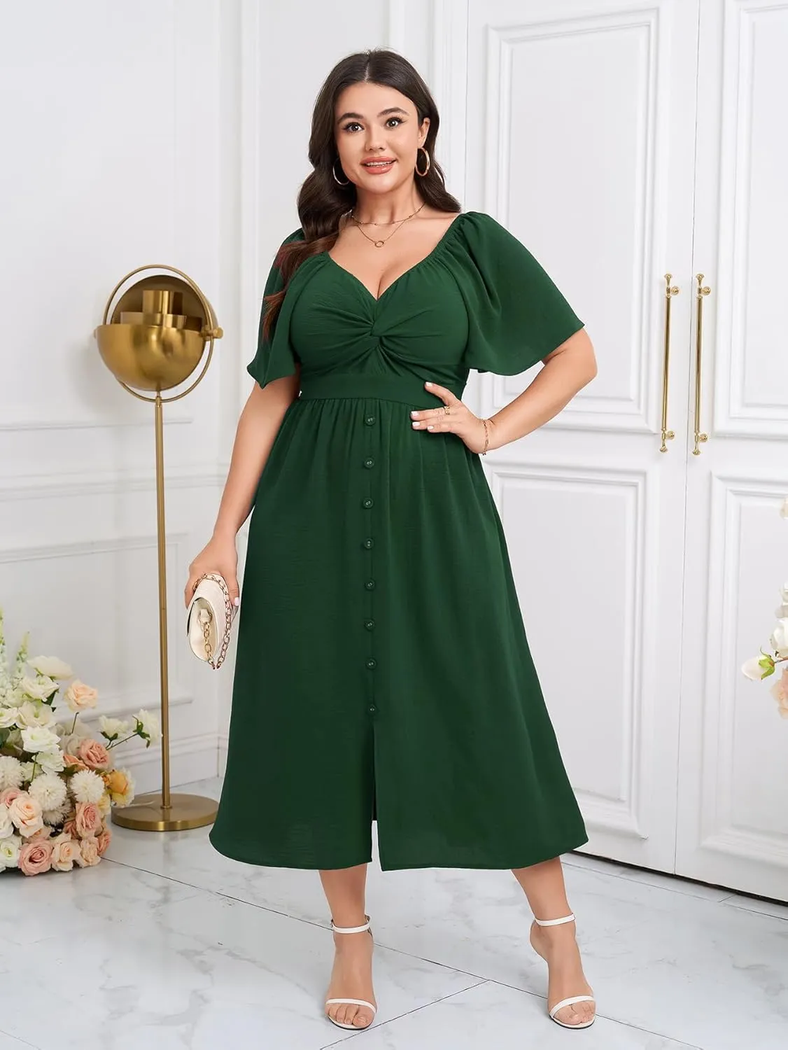 SCOMCHIC Women Plus Size Dresses Short Sleeve Sweetheart Neckline Wedding Guest Cocktail Twsit Front A Line Maxi Dress