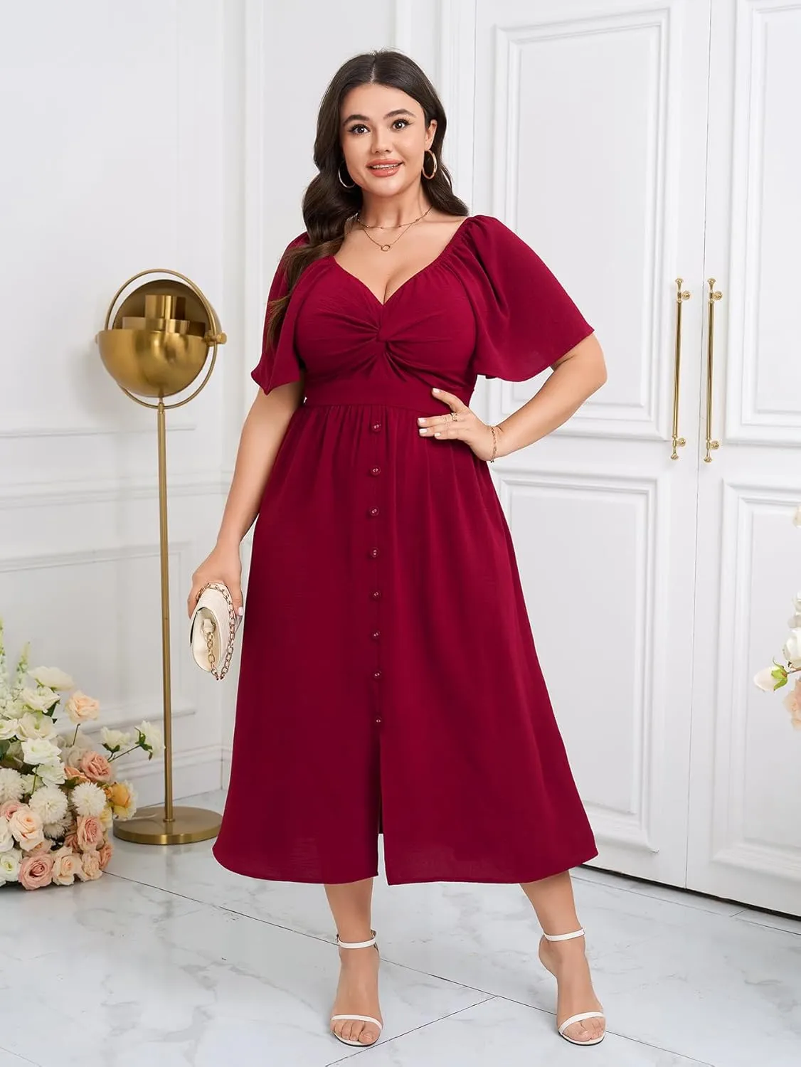 SCOMCHIC Women Plus Size Dresses Short Sleeve Sweetheart Neckline Wedding Guest Cocktail Twsit Front A Line Maxi Dress
