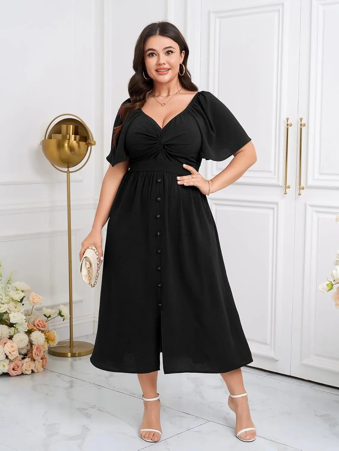 SCOMCHIC Women Plus Size Dresses Short Sleeve Sweetheart Neckline Wedding Guest Cocktail Twsit Front A Line Maxi Dress