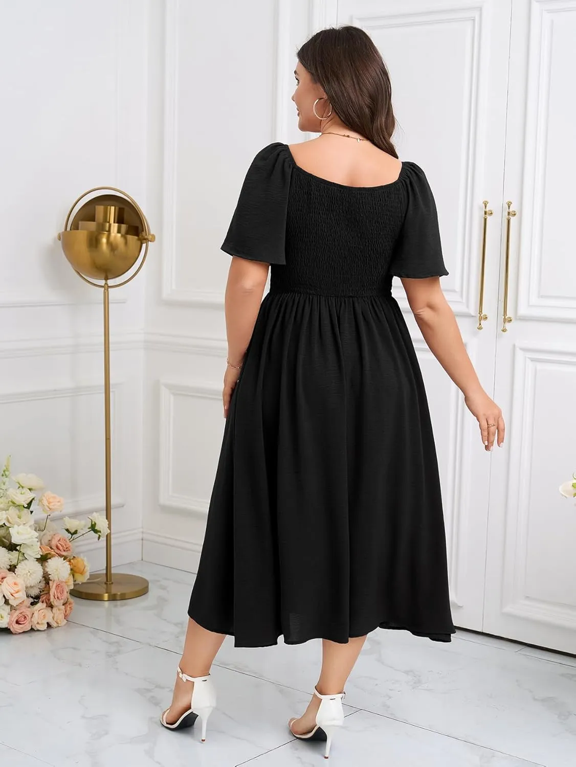 SCOMCHIC Women Plus Size Dresses Short Sleeve Sweetheart Neckline Wedding Guest Cocktail Twsit Front A Line Maxi Dress