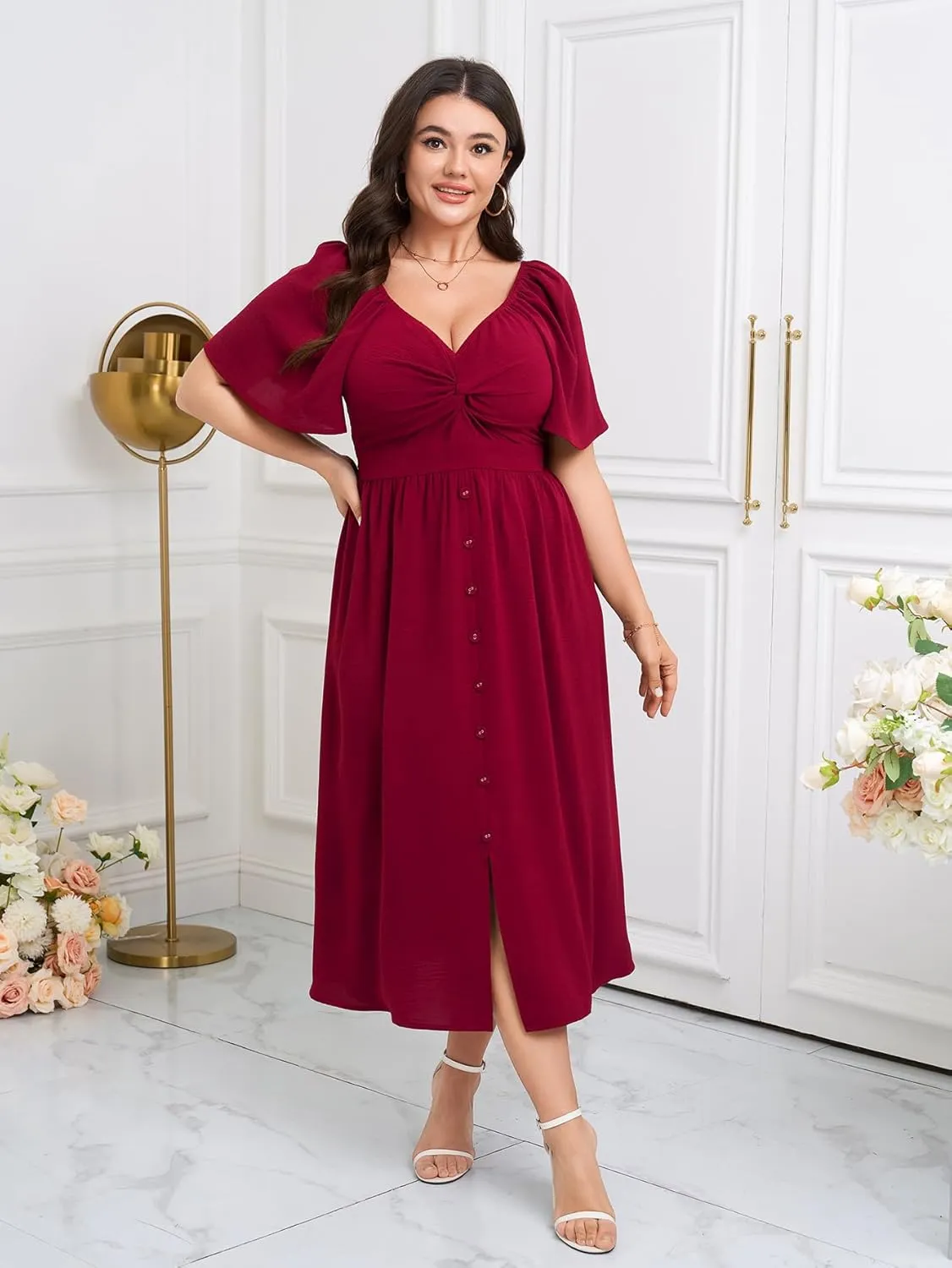 SCOMCHIC Women Plus Size Dresses Short Sleeve Sweetheart Neckline Wedding Guest Cocktail Twsit Front A Line Maxi Dress