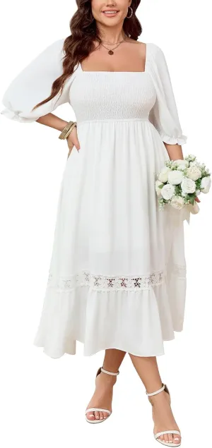 SCOMCHIC Women's Plus Size Maxi Dress Short Sleeve Square Neck Smocked Flowy A-Line Lace Trim Boho Wedding Guest Dresses