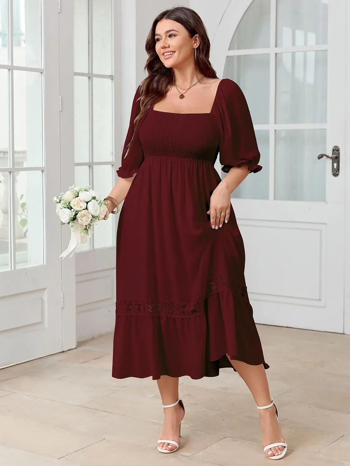 SCOMCHIC Women's Plus Size Maxi Dress Short Sleeve Square Neck Smocked Flowy A-Line Lace Trim Boho Wedding Guest Dresses