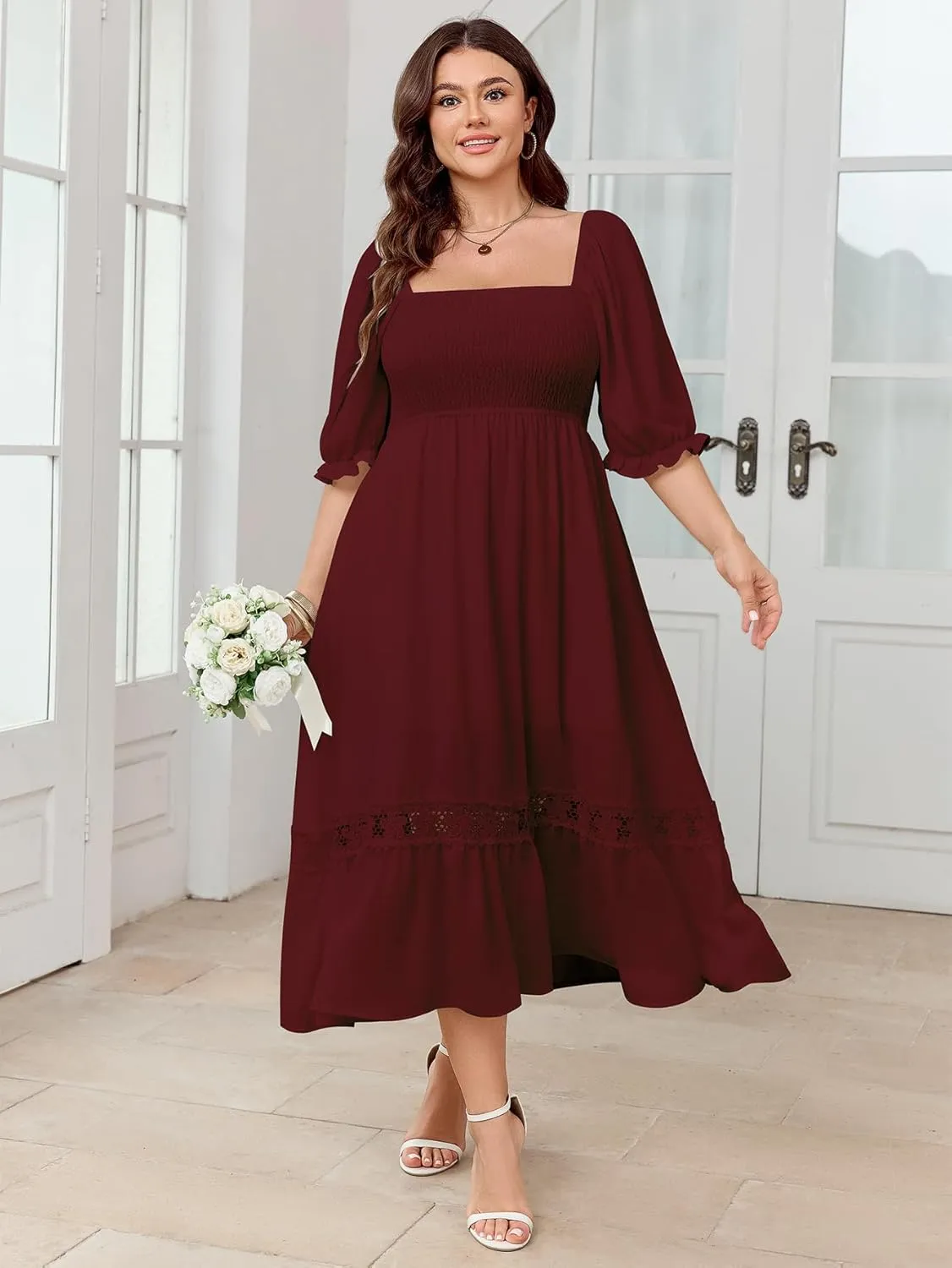 SCOMCHIC Women's Plus Size Maxi Dress Short Sleeve Square Neck Smocked Flowy A-Line Lace Trim Boho Wedding Guest Dresses