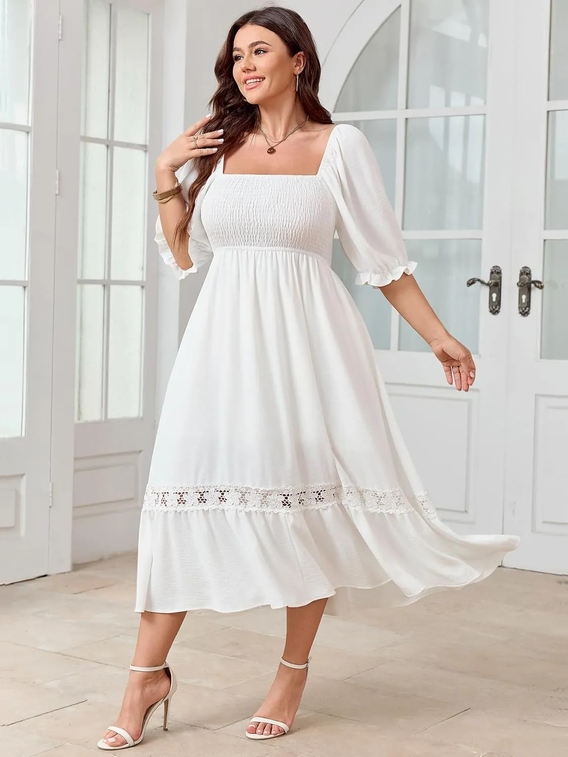 SCOMCHIC Women's Plus Size Maxi Dress Short Sleeve Square Neck Smocked Flowy A-Line Lace Trim Boho Wedding Guest Dresses