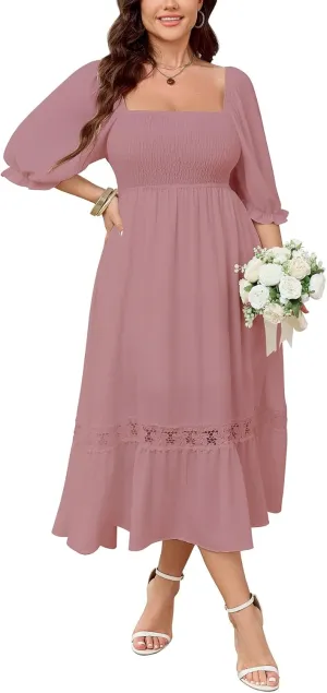 SCOMCHIC Women's Plus Size Maxi Dress Short Sleeve Square Neck Smocked Flowy A-Line Lace Trim Boho Wedding Guest Dresses