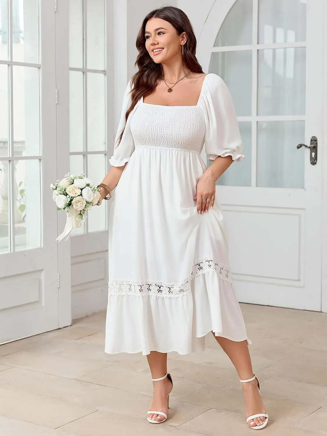 SCOMCHIC Women's Plus Size Maxi Dress Short Sleeve Square Neck Smocked Flowy A-Line Lace Trim Boho Wedding Guest Dresses