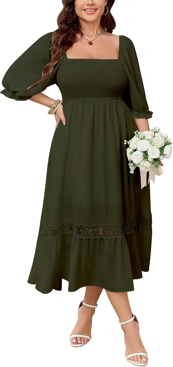 SCOMCHIC Women's Plus Size Maxi Dress Short Sleeve Square Neck Smocked Flowy A-Line Lace Trim Boho Wedding Guest Dresses
