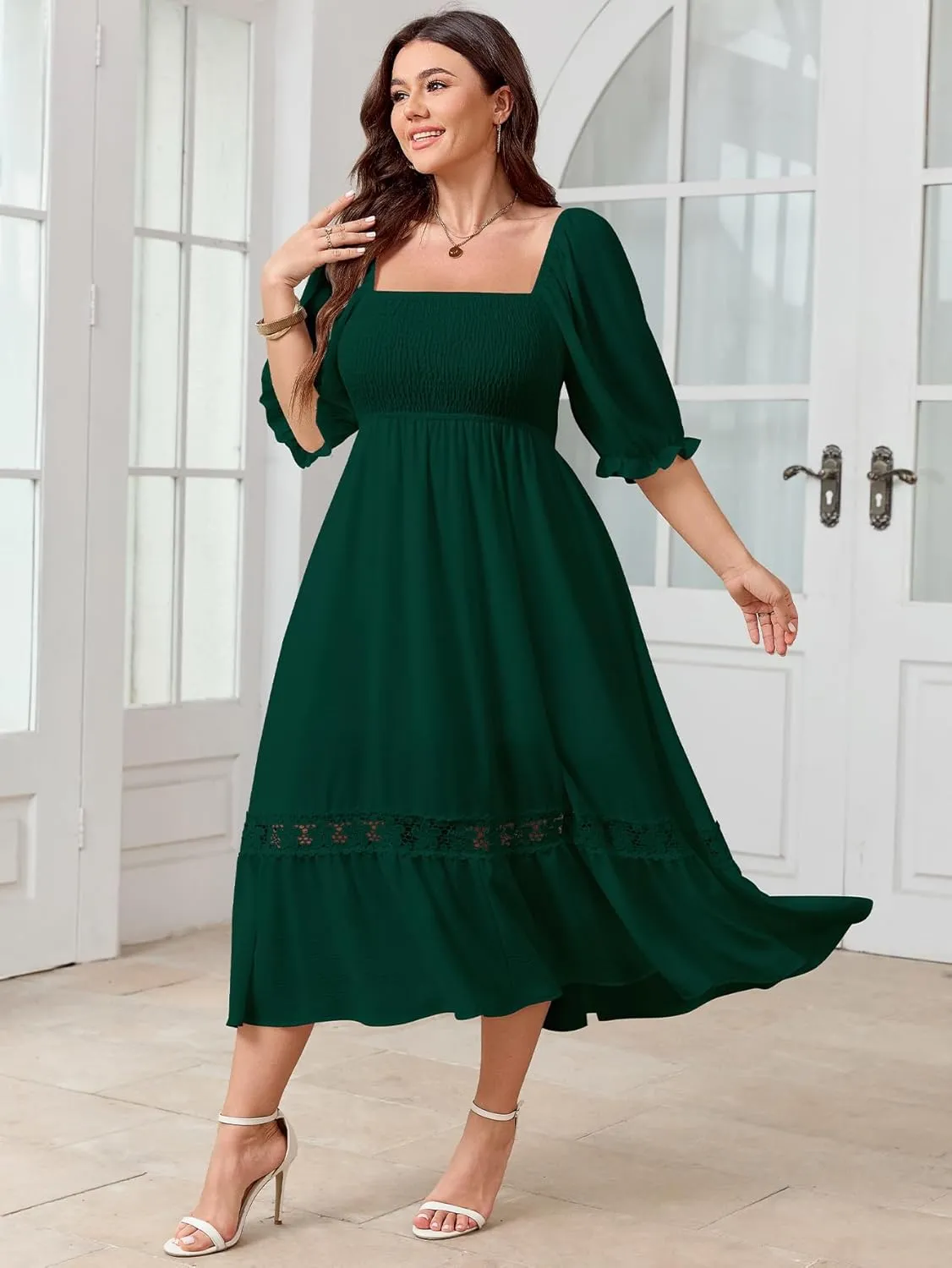 SCOMCHIC Women's Plus Size Maxi Dress Short Sleeve Square Neck Smocked Flowy A-Line Lace Trim Boho Wedding Guest Dresses