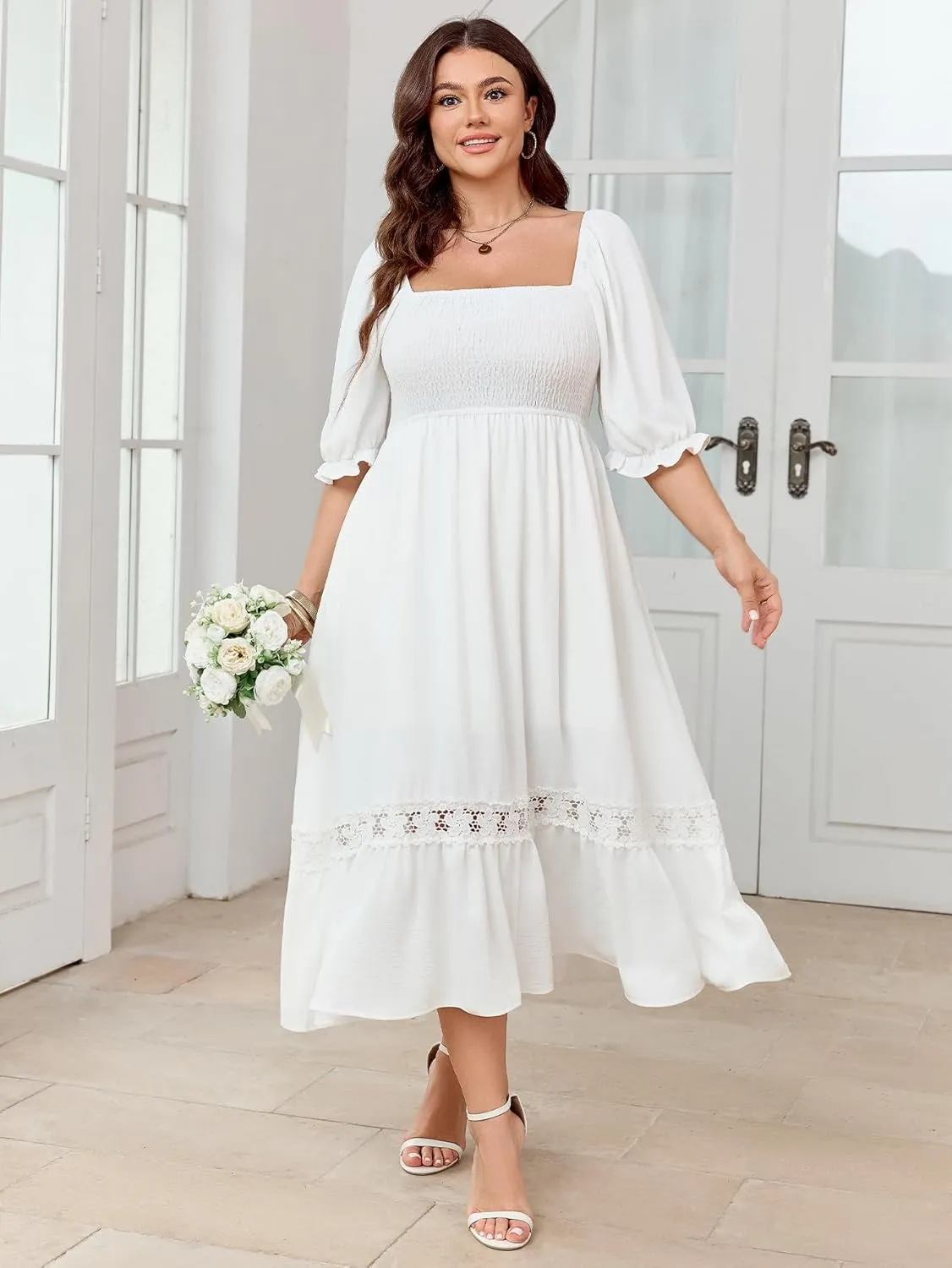 SCOMCHIC Women's Plus Size Maxi Dress Short Sleeve Square Neck Smocked Flowy A-Line Lace Trim Boho Wedding Guest Dresses
