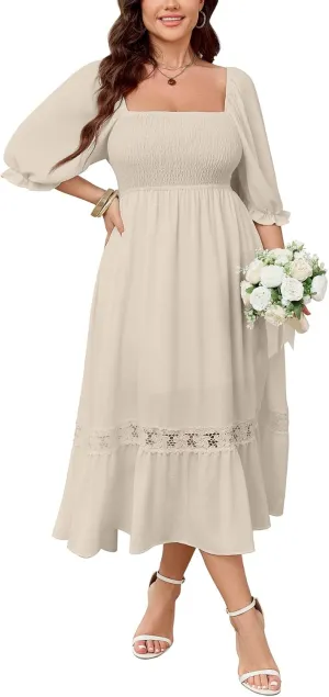 SCOMCHIC Women's Plus Size Maxi Dress Short Sleeve Square Neck Smocked Flowy A-Line Lace Trim Boho Wedding Guest Dresses