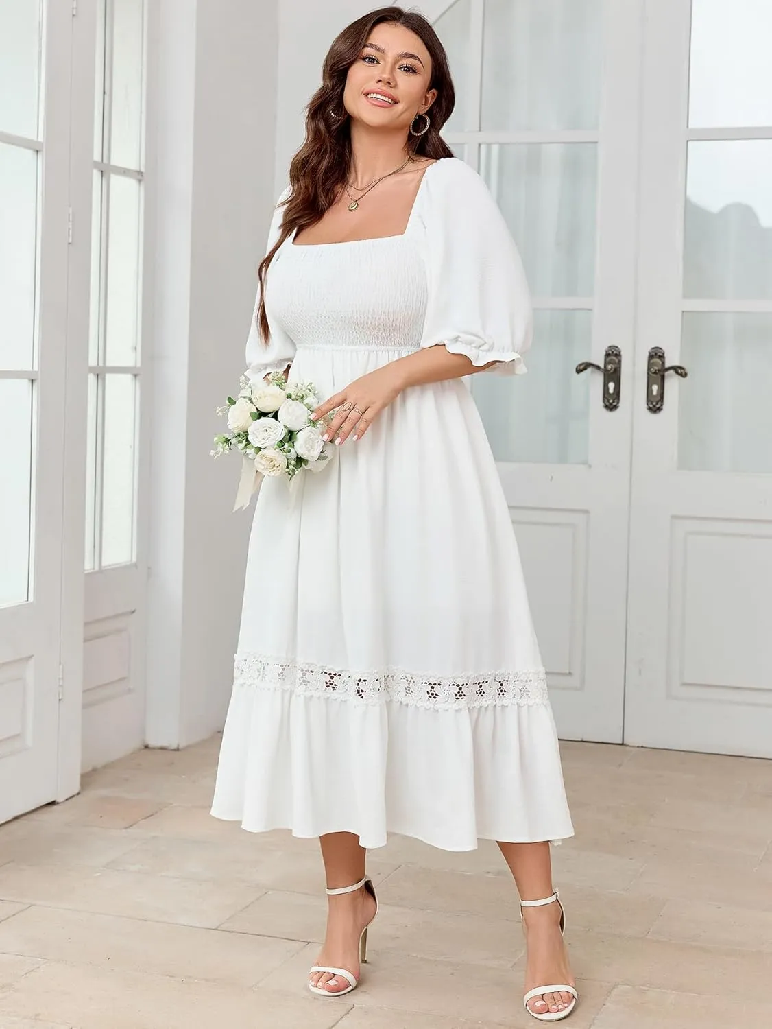 SCOMCHIC Women's Plus Size Maxi Dress Short Sleeve Square Neck Smocked Flowy A-Line Lace Trim Boho Wedding Guest Dresses
