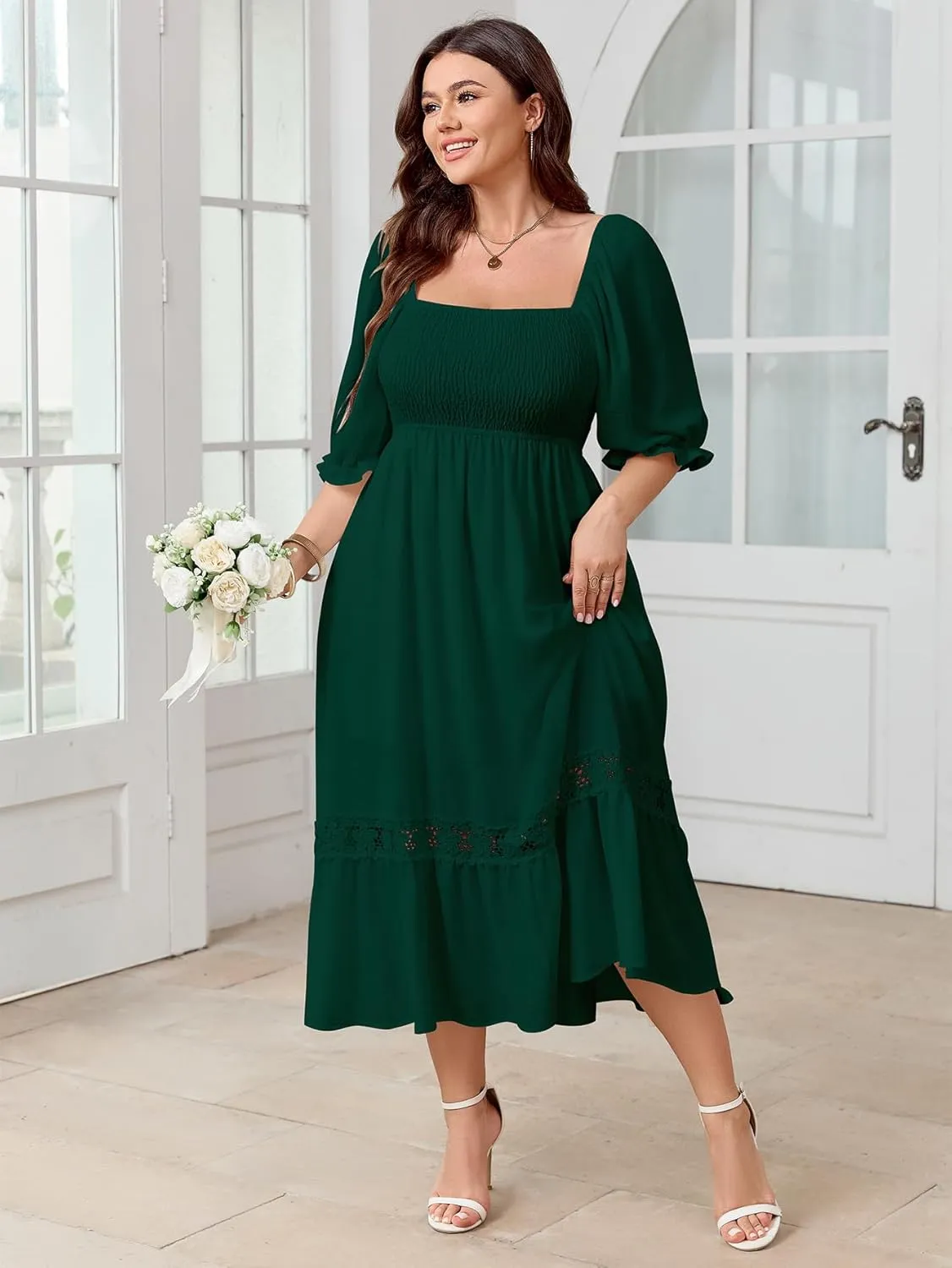 SCOMCHIC Women's Plus Size Maxi Dress Short Sleeve Square Neck Smocked Flowy A-Line Lace Trim Boho Wedding Guest Dresses