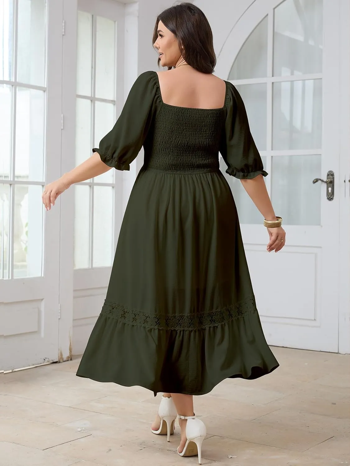 SCOMCHIC Women's Plus Size Maxi Dress Short Sleeve Square Neck Smocked Flowy A-Line Lace Trim Boho Wedding Guest Dresses