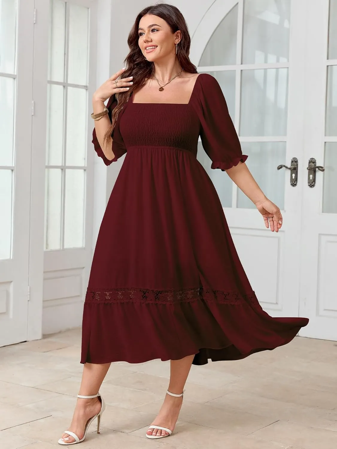 SCOMCHIC Women's Plus Size Maxi Dress Short Sleeve Square Neck Smocked Flowy A-Line Lace Trim Boho Wedding Guest Dresses