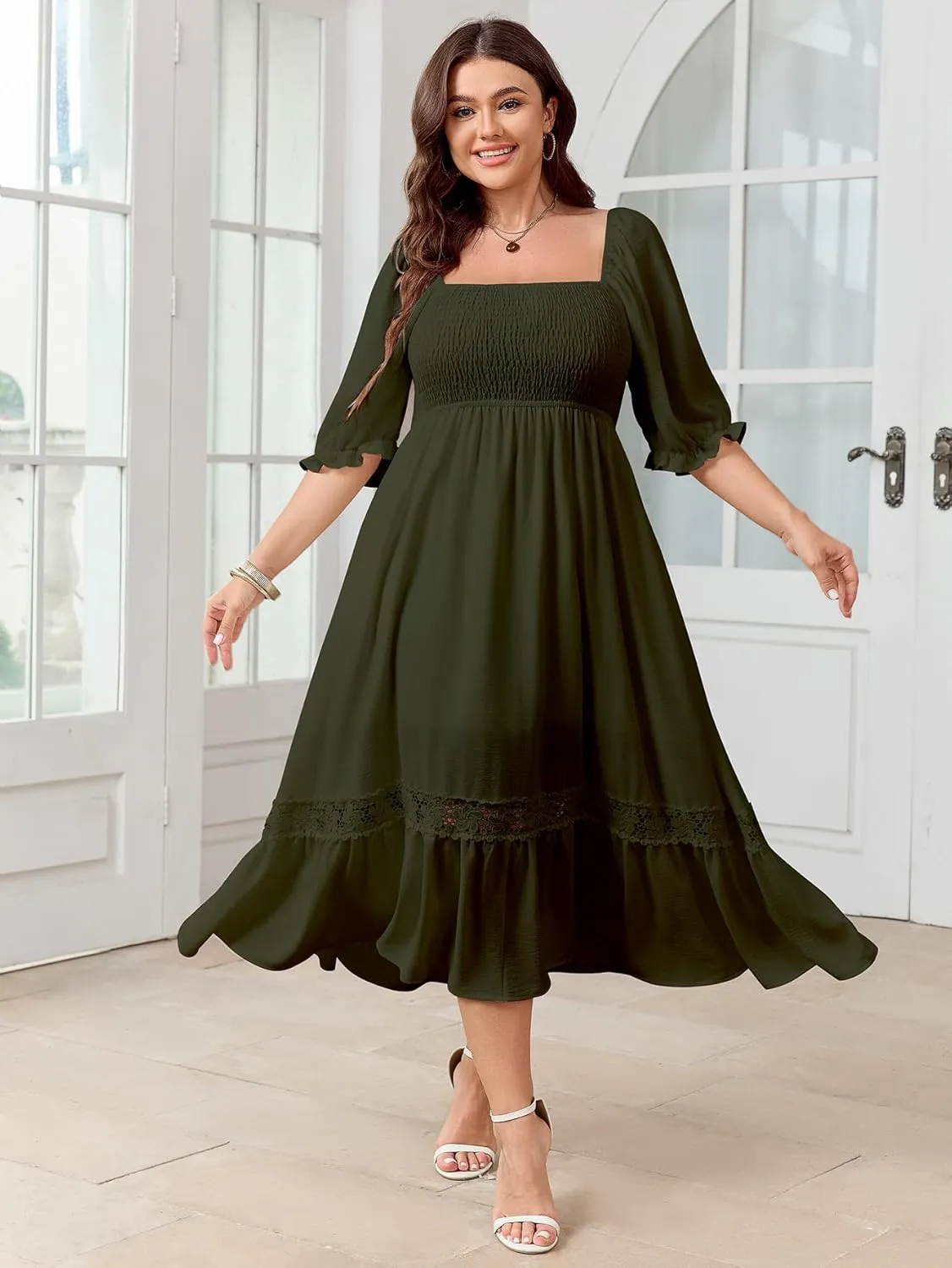 SCOMCHIC Women's Plus Size Maxi Dress Short Sleeve Square Neck Smocked Flowy A-Line Lace Trim Boho Wedding Guest Dresses