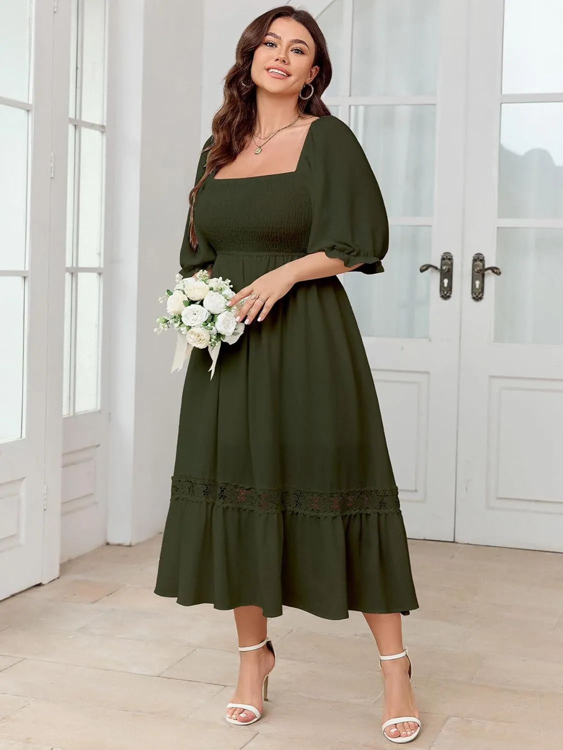 SCOMCHIC Women's Plus Size Maxi Dress Short Sleeve Square Neck Smocked Flowy A-Line Lace Trim Boho Wedding Guest Dresses