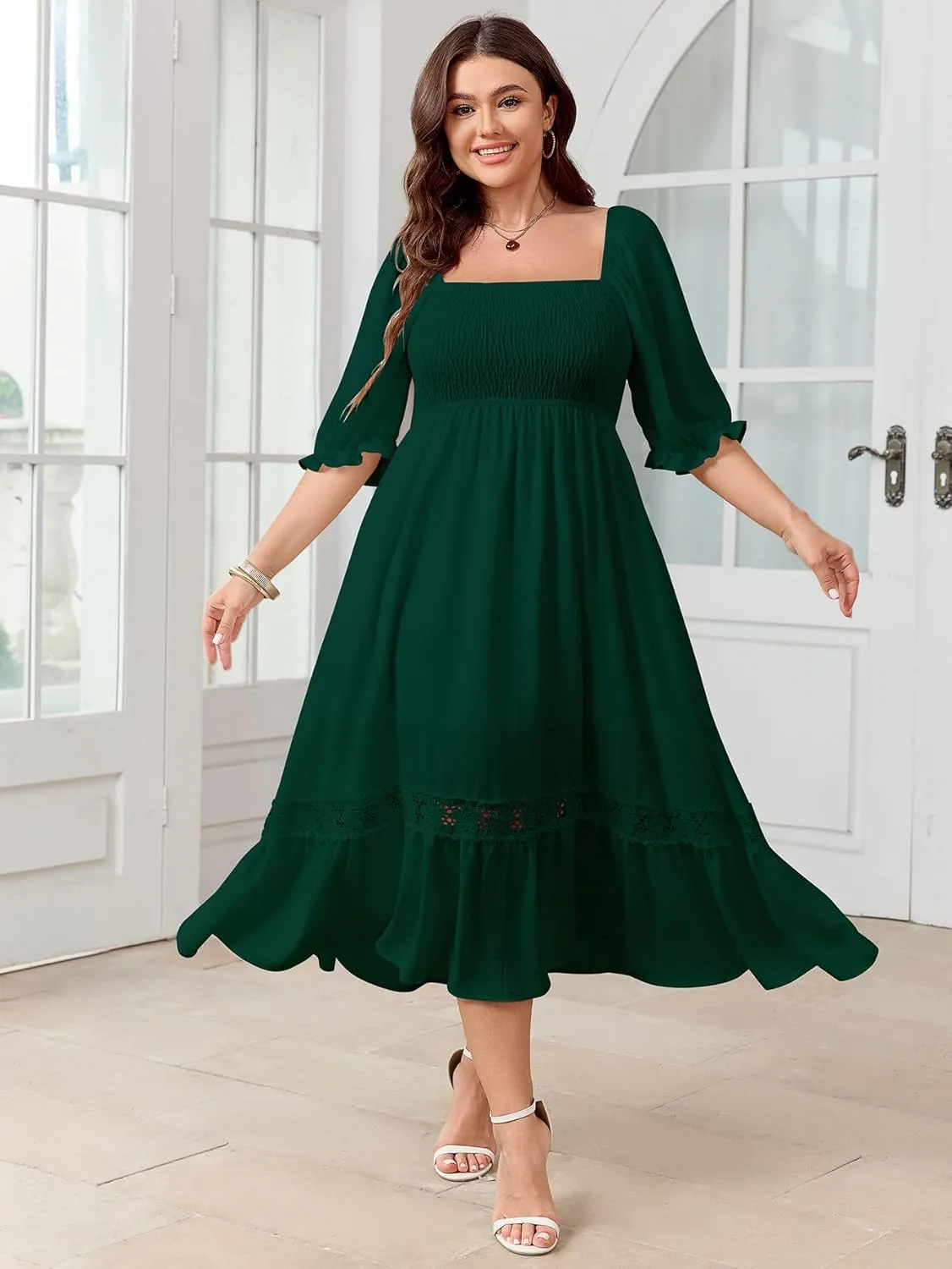 SCOMCHIC Women's Plus Size Maxi Dress Short Sleeve Square Neck Smocked Flowy A-Line Lace Trim Boho Wedding Guest Dresses