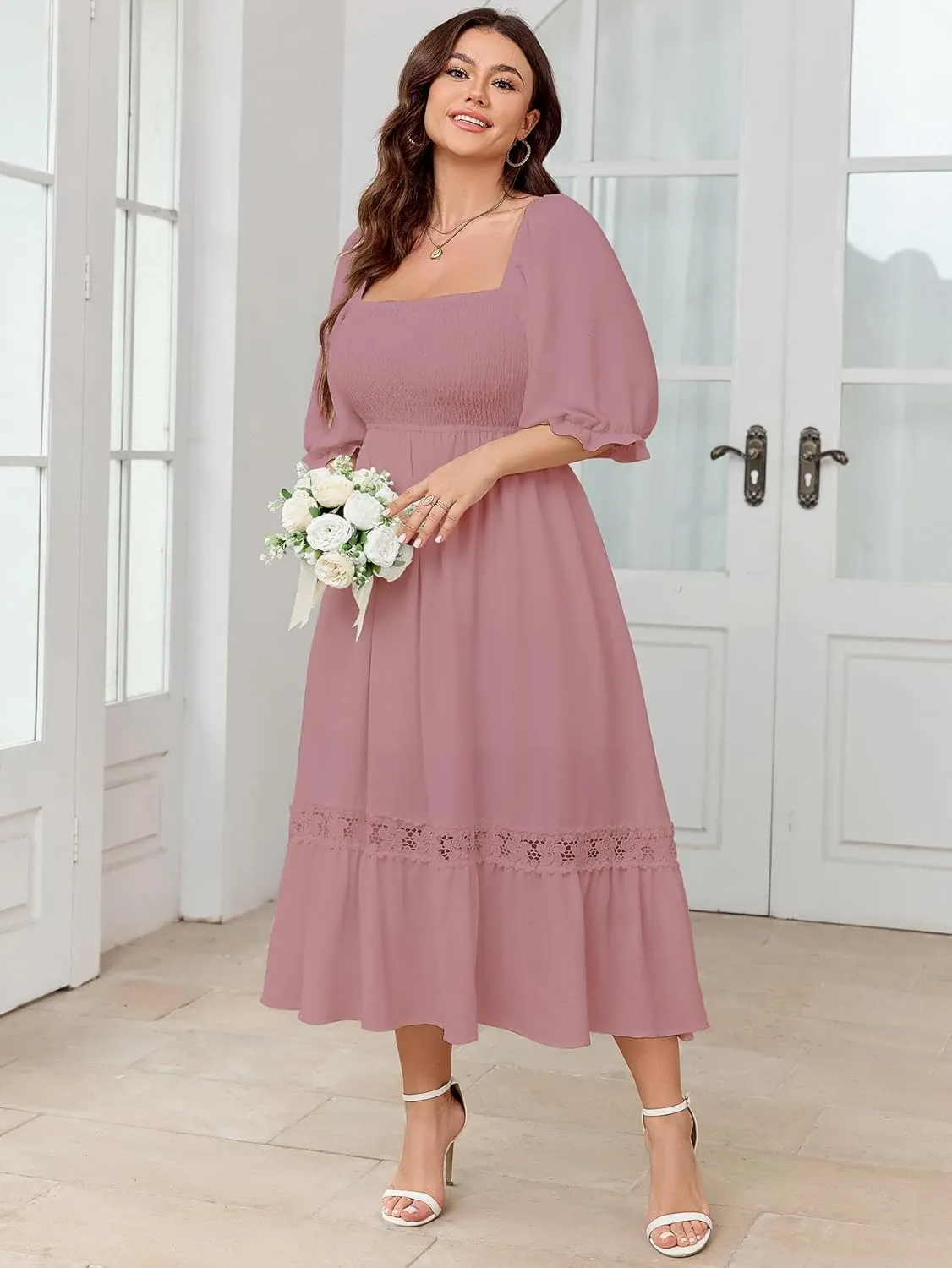 SCOMCHIC Women's Plus Size Maxi Dress Short Sleeve Square Neck Smocked Flowy A-Line Lace Trim Boho Wedding Guest Dresses