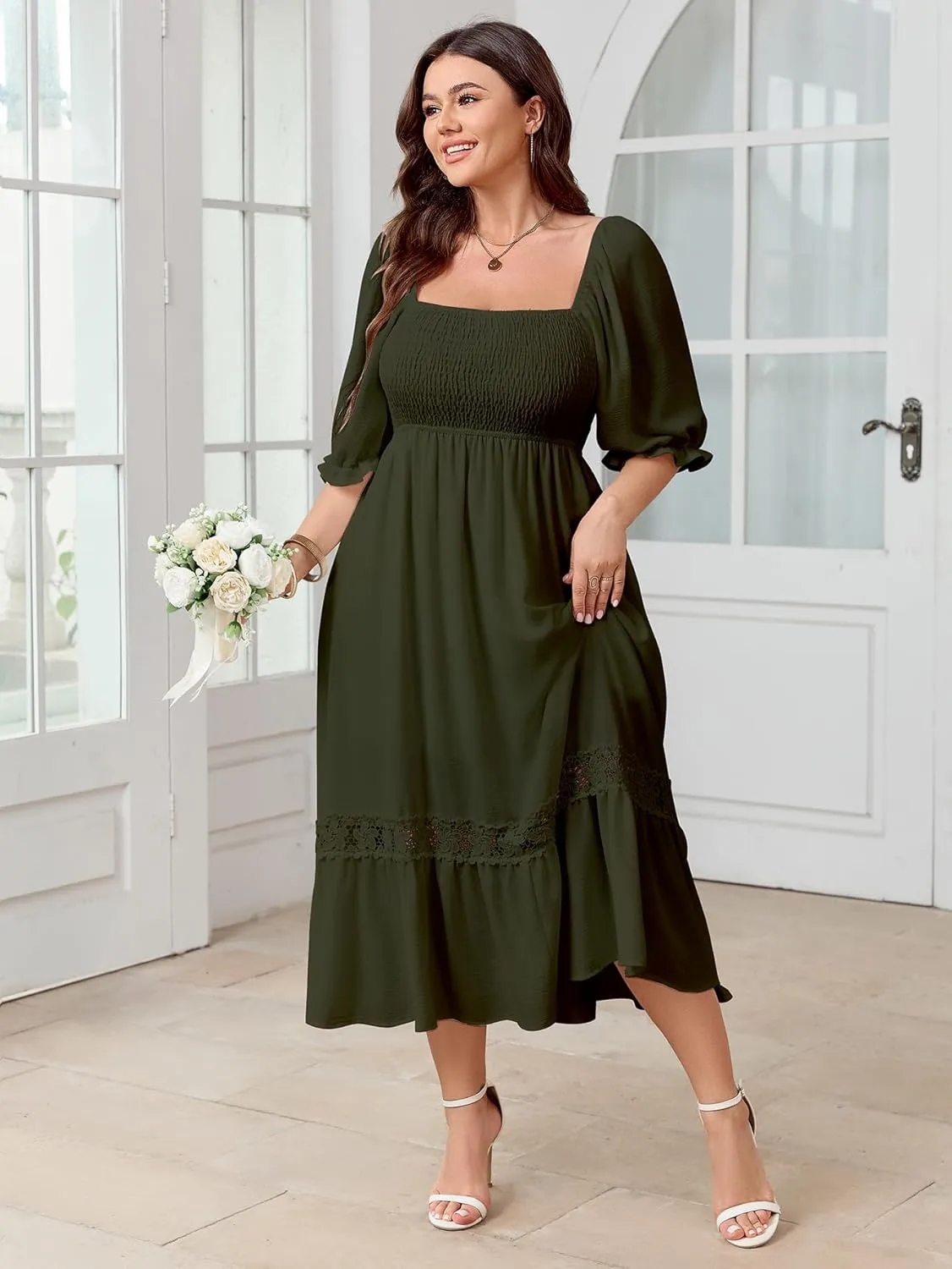 SCOMCHIC Women's Plus Size Maxi Dress Short Sleeve Square Neck Smocked Flowy A-Line Lace Trim Boho Wedding Guest Dresses
