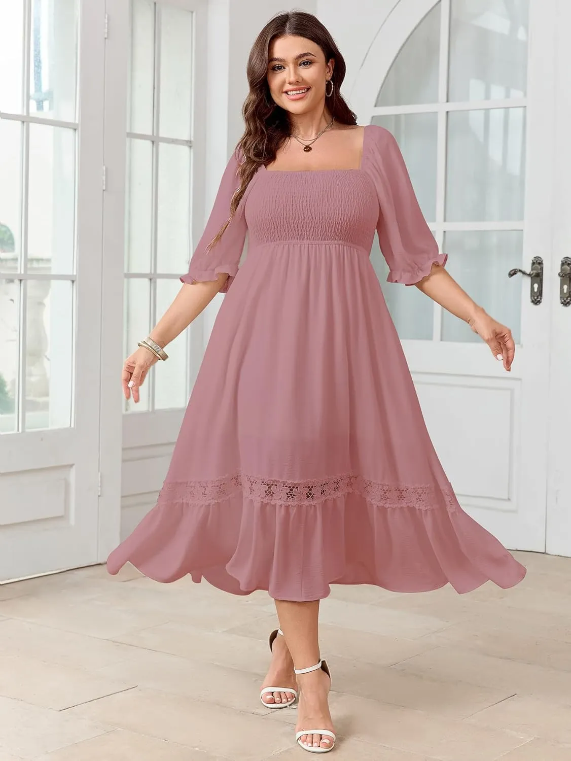 SCOMCHIC Women's Plus Size Maxi Dress Short Sleeve Square Neck Smocked Flowy A-Line Lace Trim Boho Wedding Guest Dresses