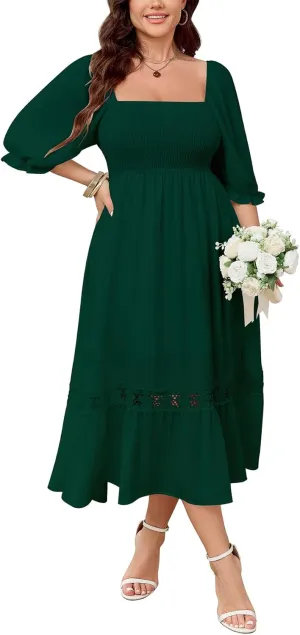 SCOMCHIC Women's Plus Size Maxi Dress Short Sleeve Square Neck Smocked Flowy A-Line Lace Trim Boho Wedding Guest Dresses