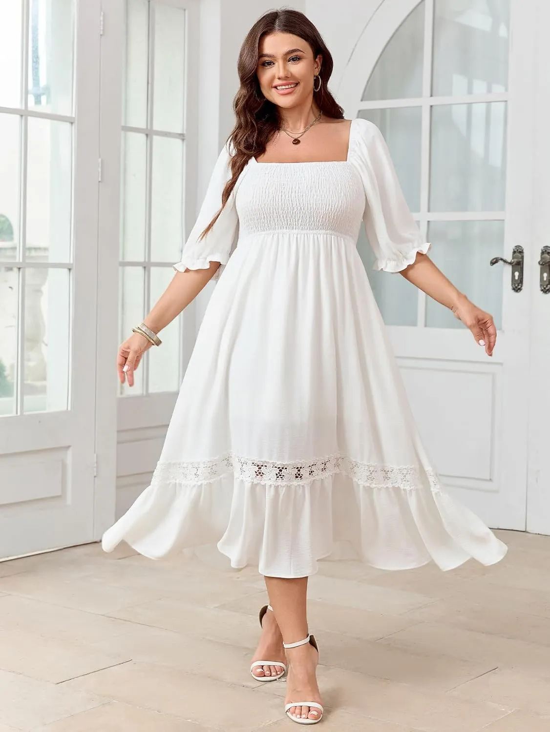 SCOMCHIC Women's Plus Size Maxi Dress Short Sleeve Square Neck Smocked Flowy A-Line Lace Trim Boho Wedding Guest Dresses